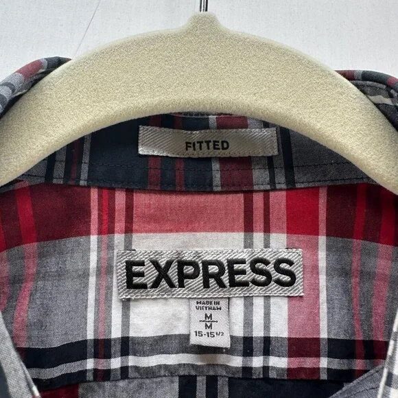Express Shirt Mens M 15-15.5 Fitted Plaid Button Up Long Sleeve Cotton Red Gray - Picture 7 of 11